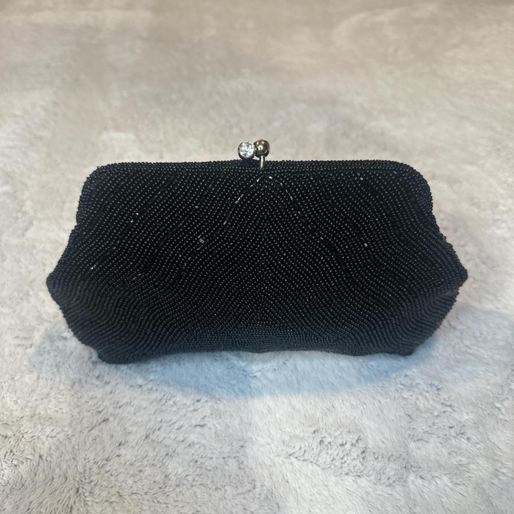 Vintage Black beaded clutch purse with gold diamond clasp